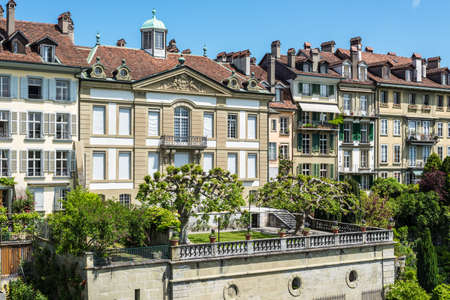 Bern, Switzerland - May 26, 2016: Upscale residential area with gardens near the Bern Cathedral and Aare River.のeditorial素材