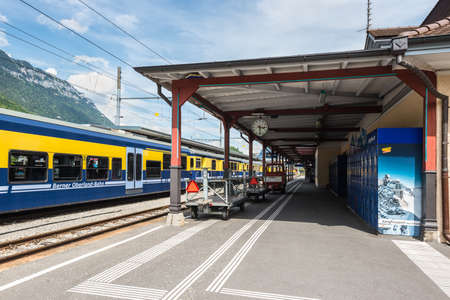 Interlaken, Switzerland - May 26, 2016: Platform at the Interlaken Ost railway station in Interlaken, Switzerland. The station was previously known as Interlaken Zollhaus.のeditorial素材