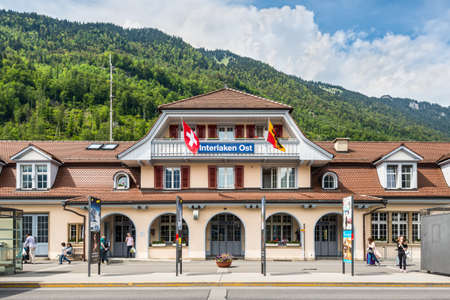 Interlaken, Switzerland - May 26, 2016: Interlaken Ost railway station in Interlaken, Switzerland. The station was previously known as Interlaken Zollhaus.のeditorial素材