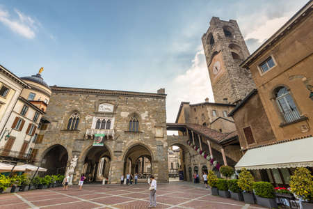 Bergamo, Italy - May 27, 2016: Wide-angle view of the main city square Piazza Vecchia in Bergamo old town, Italy.のeditorial素材