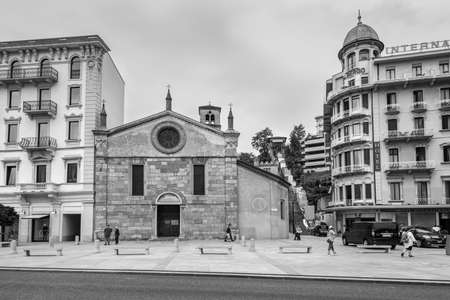 Lugano, Switzerland - May 28, 2016: The front of the Santa Maria degli Angioli church at Lugano - Lugano, Lake Lugano, Lugano, Ticino, Switzerland, Europe. Black and white photography.のeditorial素材