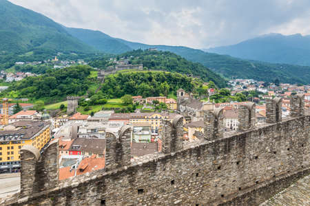 Bellinzona, Switzerland - May 28, 2016: Montebello Castle and surrounding cityscpae view from Castelgrande castle in cloudy weather in Bellinzona, Switzerland.のeditorial素材