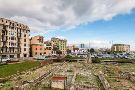 Savona, Italy - December 2, 2016: Ruins on the foreground near bridge to the Priamar Fortress in Savona, Liguria, Italy. Priamar fortress built between 1542 and 1544 by the Genoese citizens.のeditorial素材