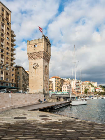 Savona, Italy - December 2, 2016: Leon Pancaldo Tower at the harbour of Savona, Liguria, Italy.のeditorial素材