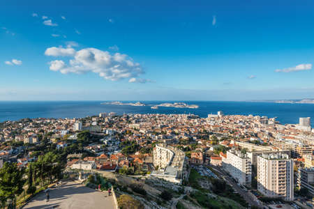 Marseille, France - December 4, 2016: View of Marseille from basilica Notre-Dame de la Garde with the islands and If Castle, Provence, Franceのeditorial素材