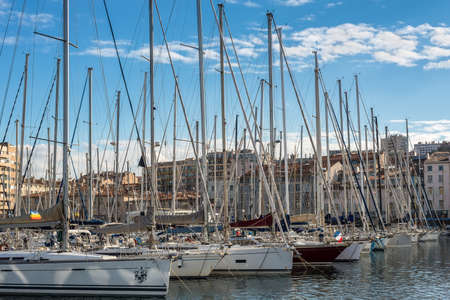 Marseille, France - December 4, 2016: Picturesque colorful yacht Old Vieux Port in center of Marseilles, France.のeditorial素材