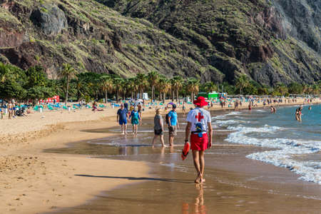Santa Cruz de Tenerife, Canary Islands, Spain - Desember 11, 2016: Lifeguard on the famous Las Teresitas beach near Santa Cruz de Tenerife in the north of Tenerife, Canary Islands, Spain.のeditorial素材