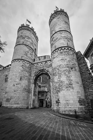 Genoa, Italy - May 14, 2017: Soprana City Gates (Porta Soprana) in Genoa, Liguria, Italy. Black and...