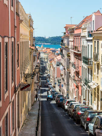 Lisbon, Portugal - May 19, 2017: Beautiful old narrow R. de Sao Marcal street in Lisbon, Portugal.のeditorial素材