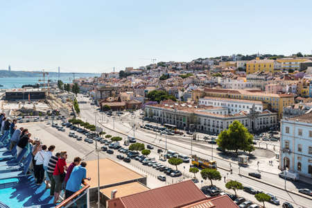Lisbon, Portugal - May 19, 2017: Passengers on board the cruise ship viewing beautiful cityscape of the Lisbon city, Portugal.のeditorial素材