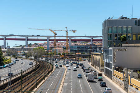 Lisbon, Portugal - May 19, 2017: View of the road and railway infrastructure - traffic in Lisbon Industrial District, Portugal.のeditorial素材