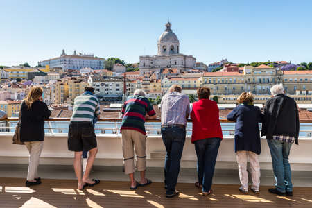 Lisbon, Portugal - May 19, 2017: Passengers on board the cruise ship viewing beautiful cityscape of the Lisbon city, Portugal.のeditorial素材