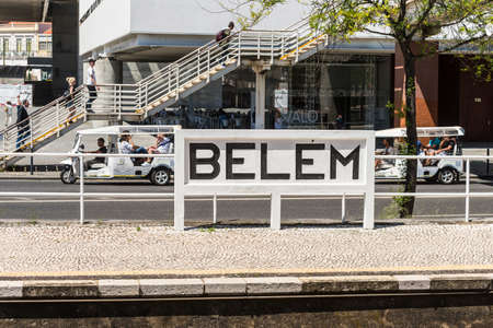 Lisbon, Portugal - May 19, 2017: Belem railway station sign between Avenida da India and Avenida Brazilia in Lisbon, Portugal.のeditorial素材