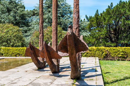 Vigo, Spain - May 20, 2017: Details of the monument of three rustic anchors from the dozens of ships that sank in the Vigo estuary during the Battle of Rande (1702) in Galicia, Spain.のeditorial素材