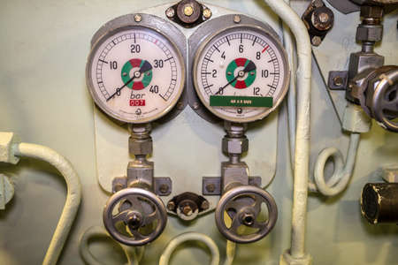 Cherbourg-Octeville, France - May 22, 2017: Detailed view of manometers inside of the Nuclear submarine Le Redoutable of French Navy in the  maritime museumのeditorial素材