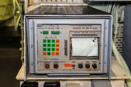 Cherbourg-Octeville, France - May 22, 2017: Detailed view of control devices inside of the Nuclear submarine Le Redoutable of French Navy in theのeditorial素材