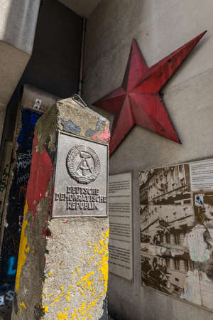 Berlin, Germany - May 28, 2017: Frontier post of DDR near the Cold War Museum on Friedrichstrasse in Berlin, Germany.のeditorial素材