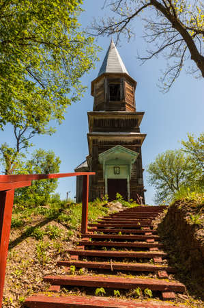 Tulinci, Kyiv region, Ukraine - May 2, 2013: Wooden Cossack Orthodox Church of the Nativity of the Virgin (1779-84) in the village of Tulinci, Mironivsky district, Kyiv region, Ukraine.のeditorial素材