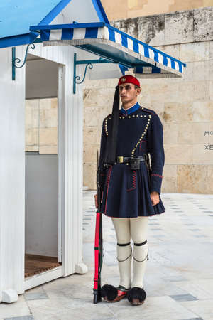 Athens, Greece - November 1, 2017: Evzone guarding at Syntagma square in Athens. Evzones are traditional Greek Royal guards used for ceremonial purposes.のeditorial素材