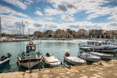 Heraklion, Crete, Greece - November 2, 2017: Old harbour of Heraklion with fishing boats and marina, Crete island, Greece.のeditorial素材