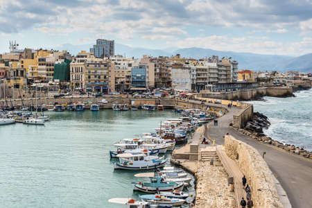 Heraklion, Crete, Greece - November 2, 2017: View of Heraklion harbour from the old venetian fort Koules, Crete, Greece.のeditorial素材