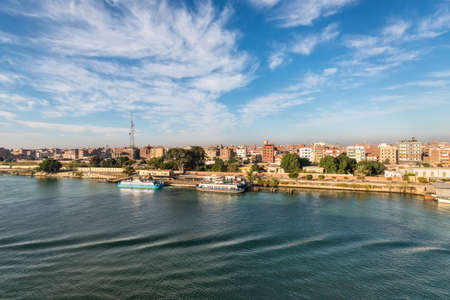 El Qantara, Egypt - November 5, 2017: View of the city El Qantara (Al Qantarah) on the shore of the...