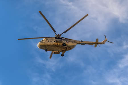 El Qantara, Egypt - November 5, 2017: A Mil Mi-8 Hip helicopter patrolling the Suez Canal in Egypt.のeditorial素材
