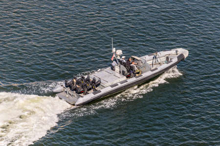 Ismailia, Egypt - November 5, 2017: High-speed patrol boat in the New Suez Canal, Ismailia, Egypt, Africa.のeditorial素材