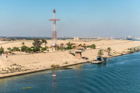 Ismailia, Egypt - November 5, 2017: Observation post and telecommunication tower on the shore of the...