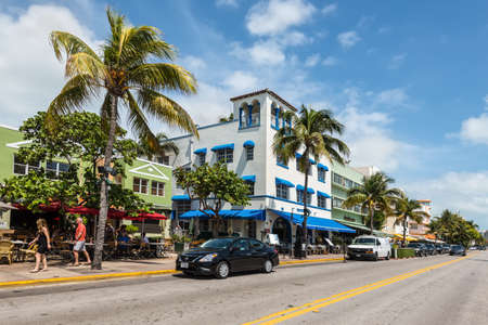 Miami, FL, USA - April 19, 2019: Street life at the historical Art Deco District of Miami South...