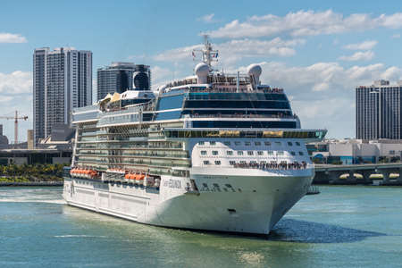 Miami, FL, United States - April 20, 2019: Celebrity Equinox Cruise ship sailing from the port of Miami, Florida, USA to Caribbean or Bahamas cruise.のeditorial素材
