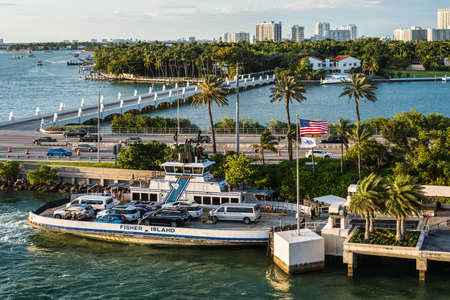 Miami, FL, United States - April 20, 2019:  View of MacArthur Causeway and the Fisher Island Ferry at Biscayne Bay in Miami, Florida, United States of America.のeditorial素材
