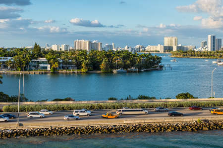 Miami, FL, United States - April 20, 2019:  View of MacArthur Causeway and the islands of Palm & Star at Biscayne Bay in Miami, Florida, United States of America.のeditorial素材