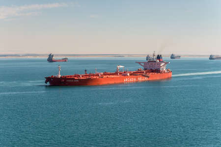 Suez, Egypt - November 5, 2017: Crude Oil Tanker Aegean Angel vessel passing the New Suez Canal (The Great Bitter Lake) near Suez, Egypt, Africa.のeditorial素材
