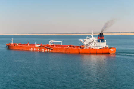 Suez, Egypt - November 5, 2017: Crude Oil Tanker Aegean Angel vessel passing the New Suez Canal (The Great Bitter Lake) near Suez, Egypt, Africa.のeditorial素材