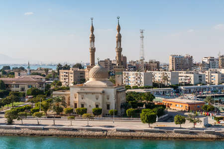 Suez, Egypt - November 5, 2017: An Egyptian Mosque and maritime port at the city of Tawfiq (Suburb...