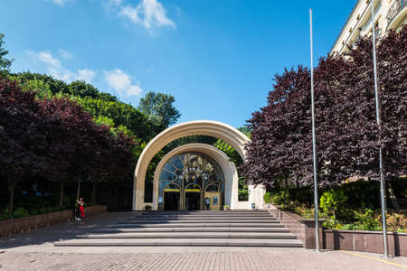 Kyiv, Ukraine - July 13, 2019: Entrance to the Funicular in Kyiv, Ukraine. The funicular transports passengers from the Dnipro River area to the top of the hill, where is the St. Michel's Monastery.のeditorial素材