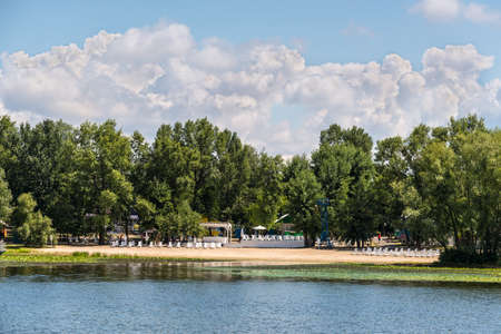 Kyiv, Ukraine - July 13, 2019: Beach on the island on the banks of the Dnipro river. Beautiful summer landscape view on Trukhaniv Island.のeditorial素材