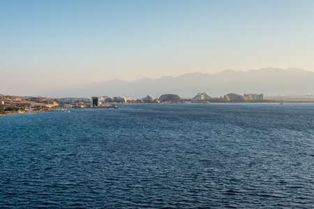 Eilat, Israel - November 7, 2017:  Panoramic view from cargo port on Eilat city - famous tourist and...