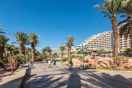 Eilat, Israel - November 7, 2017: Central promenade with shops, luxury hotels and restaurant in...
