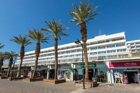 Eilat, Israel- November 7, 2017: Central promenade with shops, hotels and restaurant in Eilat -...