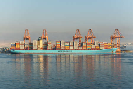 Salalah, Oman - November 12, 2017: Container Ship Georg Maersk moored in Port of Salalah in Oman, Indian Ocean. Loading and unloading, export-import.のeditorial素材