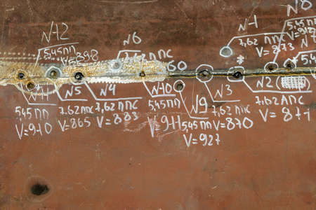 Kyiv, Ukraine â October 9, 2019: Military equipment (Sample of bulletproof armor-plating steel after the test) during International Specialized Exhibition ARMS AND SECURITY 2019.のeditorial素材