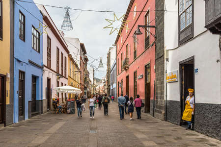 San Cristobal de La Laguna, Canary Islands, Spain - Desember 6, 2018: People walk on the Herradores street in the historic centre of the San Cristobal de La Laguna, Canary Islands, Spain. It's a UNESCO World Heritage Site.のeditorial素材