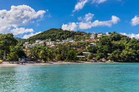 Les Trois-Ilets, Martinique - December 13, 2018: View from the Anse-a-l'Ane bay on the coast of the Les Trois-Ilets, Martinique. Holiday vacation background concept.のeditorial素材