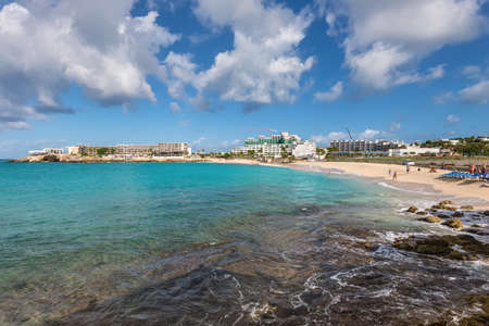 Simpson bay, Saint Maarten - December 17, 2018: Almost empty and even without airplanes Maho beach in St Martin: one of the main attractions for plane spotters!のeditorial素材