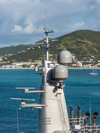 Philipsburg, St. Maarten - December 17, 2018: Navigation radar system antennas of the luxury motor Superyacht Eclipse moored in Caribbean island of Sint Maarten - Saint Martin.のeditorial素材