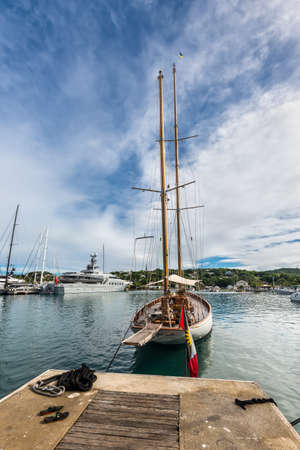 English Harbour, Antigua and Barbuda - December 18, 2018: Sailing yacht moored at the Antigua yacht club in English Harbour, St. Paulâs Parish, Antigua And Barbuda.のeditorial素材