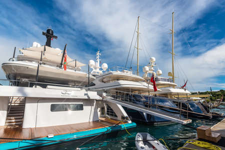 English Harbour, Antigua and Barbuda - December 18, 2018: Luxury motor yachts docked at the Antigua...