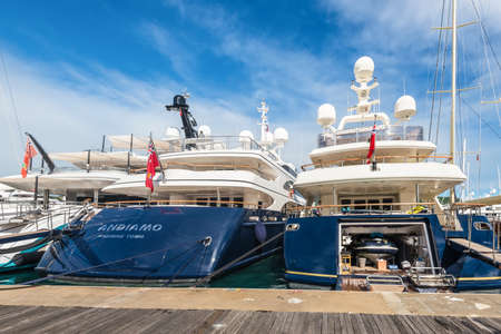 English Harbour, Antigua and Barbuda - December 18, 2018: Luxury motor yachts docked at the Antigua...